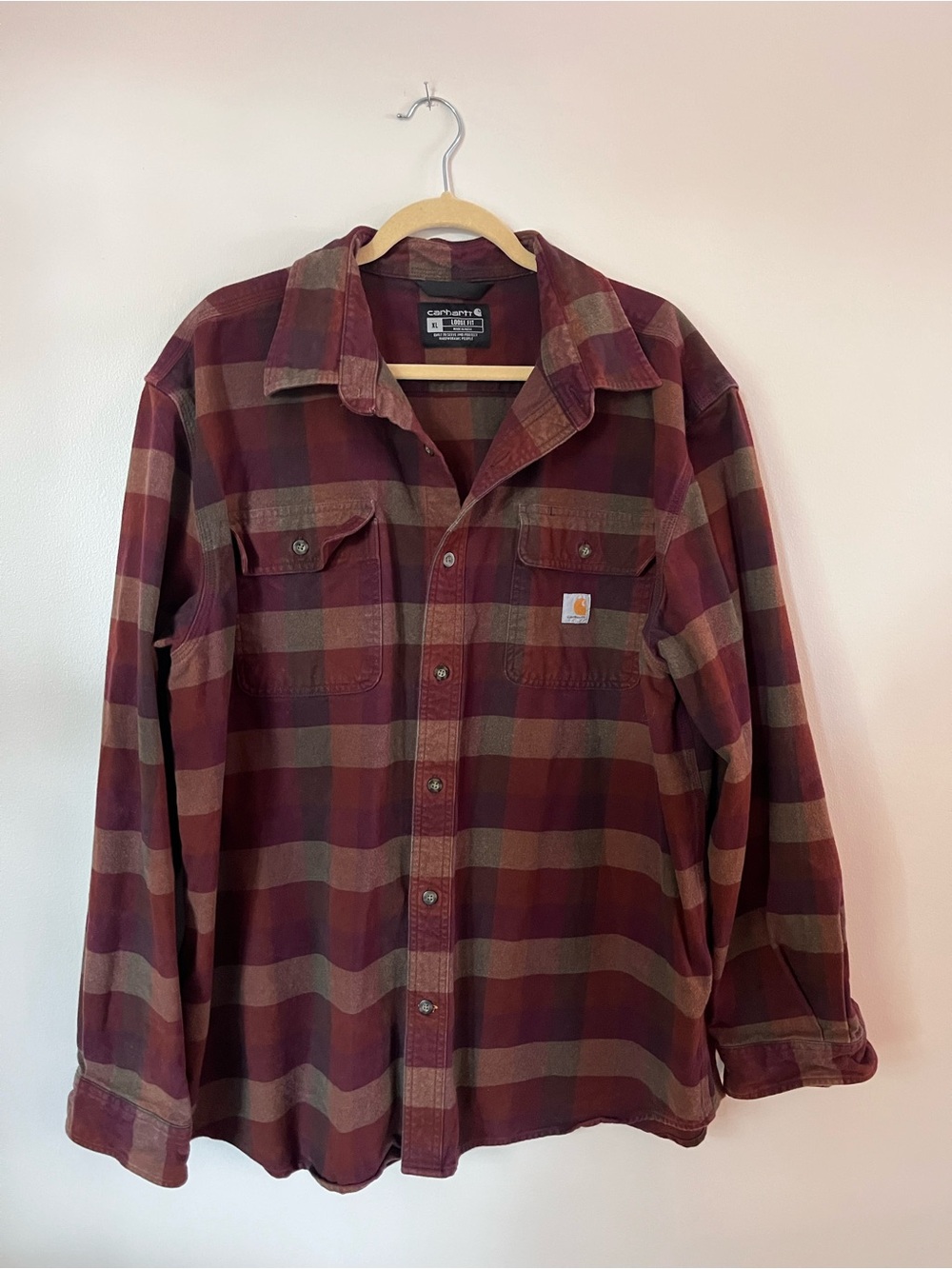 Carhartt Men’s Burgundy and Olive Plaid Button-Up Shirt
